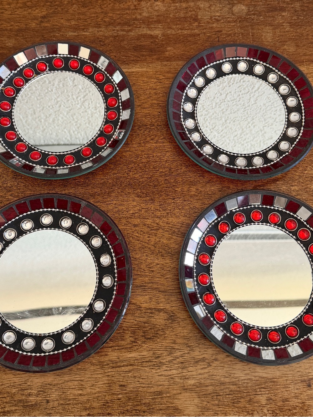 VTG Mosaic Beaded And Jeweled Mirror Plate Candle holder Dish Set If Four 6in